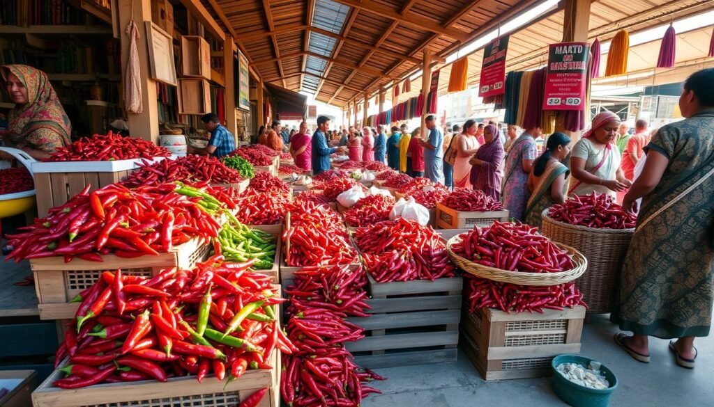 A bustling local market scene, with piles of fresh chili peppers spilling out from wooden crates and woven baskets. The vibrant red hues of the chili peppers pop against the earthy tones of the wooden stalls and concrete floor. Sunlight filters through the open-air canopy, casting a warm glow over the market. Vendors in colorful traditional garments haggle with customers, negotiating prices and showcasing the quality of their produce. The air is thick with the aroma of spices and the lively chatter of the crowd. Capture the energy and atmosphere of this local market, highlighting the abundance and prominence of the chili peppers.