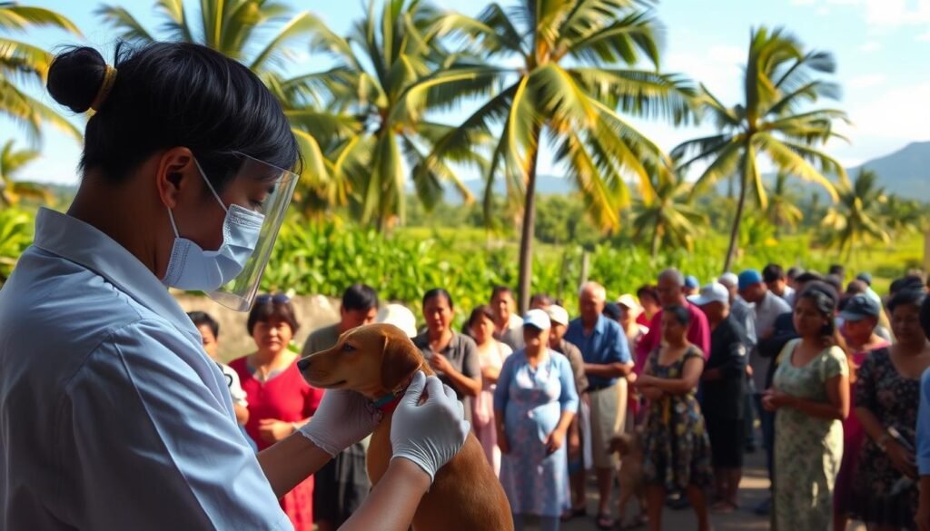 A bustling outdoor scene in Mengwi, Badung, where a free rabies vaccination clinic is in full swing. In the foreground, a veterinarian administers a shot to a patient's pet dog, their face shielded by a surgical mask. In the middle ground, a crowd of local residents line up, patiently waiting their turn, some with pets in tow. The background showcases the lush, verdant landscape of the area, with swaying palm trees and a clear, azure sky overhead. Warm, natural lighting bathes the scene, conveying a sense of community, health, and environmental harmony. The mood is one of cooperation, care, and a shared commitment to safeguarding the well-being of both people and their animal companions.