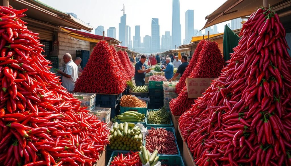 A bustling vegetable market, bright under the midday sun, with towering pyramids of vibrant red chili peppers commanding the foreground. Harried shopkeepers negotiate prices with frantic customers, as the sharp scent of the chilis hangs heavy in the air. In the middle ground, crates of various produce overflow, while in the background, the silhouettes of towering buildings loom, reflecting the city's pulse. The scene conveys a sense of rising prices and high demand, with the chili peppers standing as the centerpiece of this dynamic economic landscape.