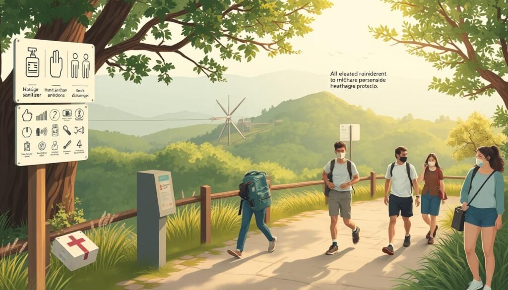 A detailed illustration of a comprehensive healthcare protocol in a natural setting. A wide-angle view showcasing the essential elements: signage with pictograms outlining rules, hand sanitizer stations, temperature checks, social distancing markers, and masked visitors carefully navigating the scenic outdoor environment. The scene is bathed in soft, natural lighting, conveying a sense of security and responsibility. The overall composition strikes a balance between functionality and aesthetics, reflecting the careful balance required to safely reopen nature-based tourism amidst the pandemic.