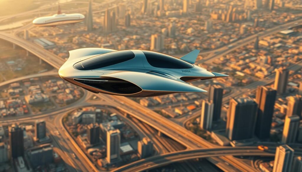 A futuristic flying car soaring gracefully in the sky, its sleek, aerodynamic body gleaming in the warm, golden sunlight. The vehicle hovers effortlessly, its antigravity technology propelling it forward with a soft, humming sound. The cityscape below is a vibrant tapestry of skyscrapers and highways, giving a sense of the advanced urban landscape. The image conveys a sense of wonder and excitement, capturing the promise of a new era of personal air transportation.