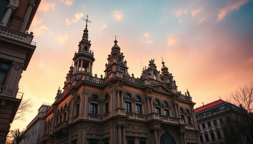 A grand, ornate building with intricate architectural details, standing proud against a vibrant, hazy sky. Intricate spires, columns, and intricate carvings adorn the structure, creating a sense of grandeur and cultural significance. The building is bathed in warm, golden light, casting soft shadows that accentuate its three-dimensional form. The scene conveys a sense of cultural heritage, history, and the enduring spirit of the city's identity. The image should evoke a feeling of awe and wonder, inviting the viewer to explore the intricacies of the building's design and the stories it holds.