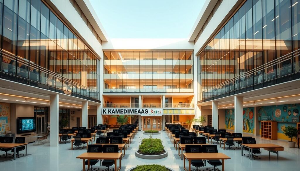 A modern and welcoming educational facility, "Rumah Pendidikan" rises with a sleek, glass-paneled exterior bathed in warm natural light. The expansive lobby features clean lines and minimalist furnishings, creating an atmosphere of openness and innovation. Classrooms are designed with ergonomic desks and state-of-the-art digital screens, fostering collaborative learning. Hallways are lined with vibrant murals and student artwork, reflecting the institution's commitment to creativity. A central courtyard offers a tranquil respite, with lush greenery and inviting seating areas. The entire complex projects an air of intellectual curiosity and educational excellence, serving as a hub that empowers students and teachers alike.