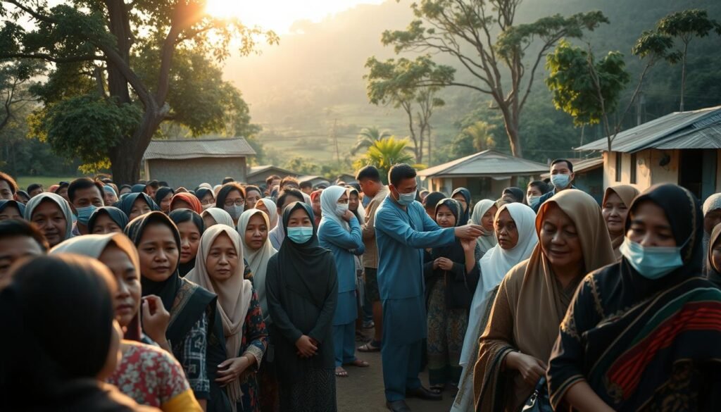 A rural village in Bojong, Pekalongan, Indonesia. In the foreground, a crowd of villagers eagerly lining up to receive their COVID-19 vaccine, their faces filled with a mix of anticipation and relief. The scene is bathed in soft, natural lighting, with the sun's rays filtering through the trees in the background. The villagers are dressed in a variety of traditional Indonesian attire, adding to the authentic, community-driven atmosphere. In the middle ground, a team of healthcare workers diligently administering the vaccines, their expressions conveying a sense of purpose and dedication. The background features simple, rustic buildings and a lush, verdant landscape, creating a picturesque, rural setting. The overall mood is one of togetherness, as the community comes together to prioritize their health and well-being.