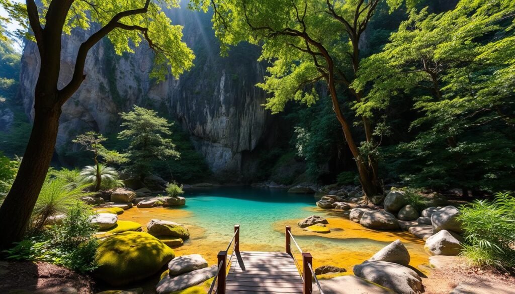A serene outdoor landscape with a natural spring-fed pool nestled amidst lush, verdant foliage. Towering limestone cliffs rise up in the background, casting dramatic shadows across the scene. The pool's crystal-clear turquoise waters are surrounded by smooth, moss-covered rocks and a scattering of large boulders. Sunlight filters through the canopy of towering trees, creating a warm, dappled glow that illuminates the idyllic setting. In the foreground, a small wooden footbridge leads visitors towards the tranquil pool, inviting exploration of this stunning natural wonder. The overall atmosphere is one of peaceful seclusion and untamed natural beauty.