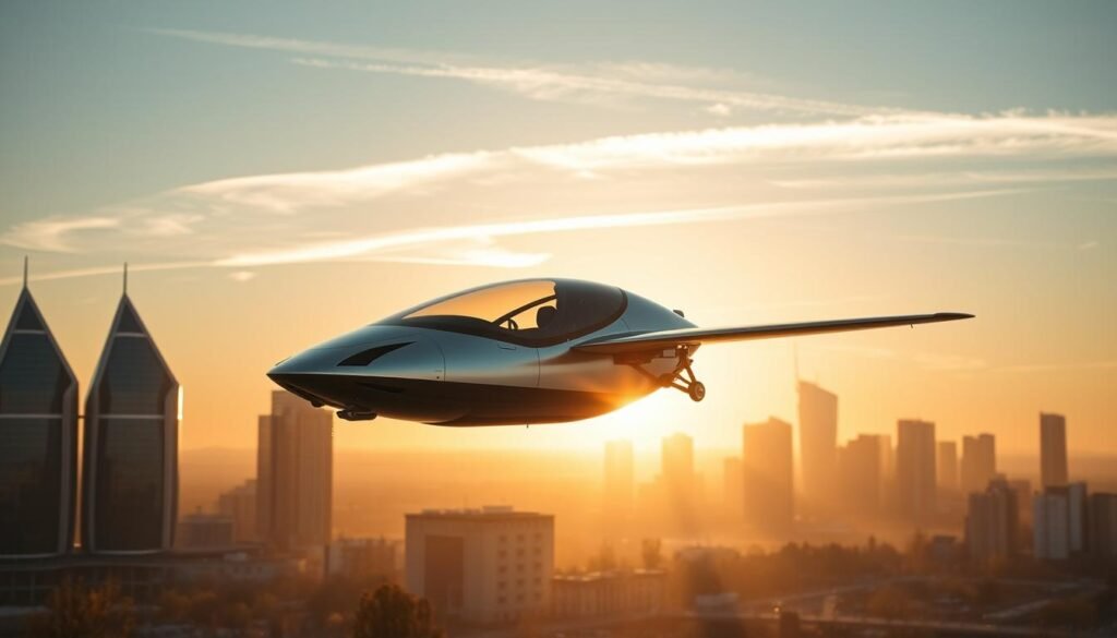 A sleek and futuristic flying car, the Klein Vision AirCar, gently hovers above a serene European cityscape. The vehicle's aerodynamic body gleams in the soft, diffused light of a golden hour sunset, casting long, dramatic shadows across the landscape. Detailed mechanical components are visible, hinting at the advanced engineering that powers its vertical take-off and landing capabilities. The AirCar is positioned in the center of the frame, surrounded by a subtle haze that lends an atmospheric, dreamlike quality to the scene. In the background, a modern skyline of angular, glass-façaded high-rises provides a futuristic backdrop, while wispy clouds drift across a clear, azure sky, completing the sense of technological innovation and progress.