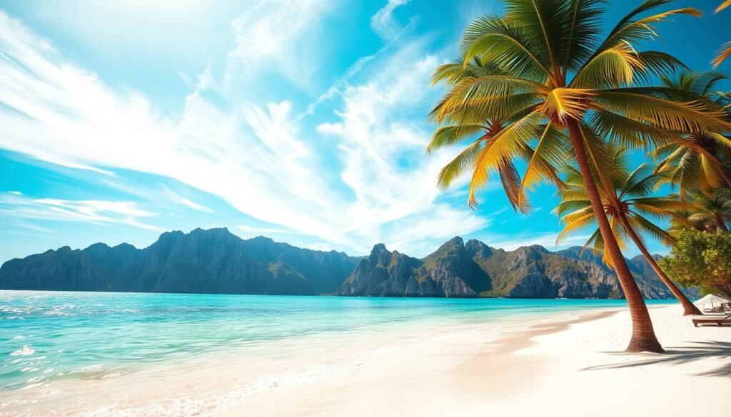 A stunning panoramic beach scene, with crystal-clear turquoise waters lapping against a pristine white sand shore. Towering palm trees sway gently in a warm, tropical breeze, casting dappled shadows on the tranquil scene. In the distance, rugged cliffs rise up, their jagged peaks silhouetted against a brilliant blue sky dotted with wispy clouds. The sun casts a warm, golden glow over the entire landscape, creating a serene and inviting atmosphere. The overall impression is one of unspoiled natural beauty, a peaceful oasis where one can truly escape the stresses of everyday life.