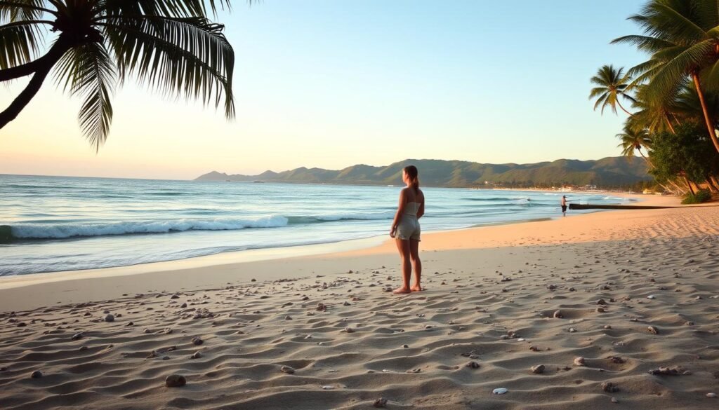 A tranquil beach scene, with a serene coastline and gently lapping waves. In the foreground, a lone figure stands, gazing out at the vast expanse of the ocean, their silhouette captured in a soft, golden hour lighting. The middle ground showcases the inviting sand, dotted with scattered seashells and smooth pebbles, inviting visitors to sink their toes in and feel the warmth. In the background, a lush, verdant landscape of palm trees and rolling hills frames the scene, creating a sense of seclusion and escape. The overall atmosphere is one of relaxation, rejuvenation, and the allure of the coastal lifestyle.