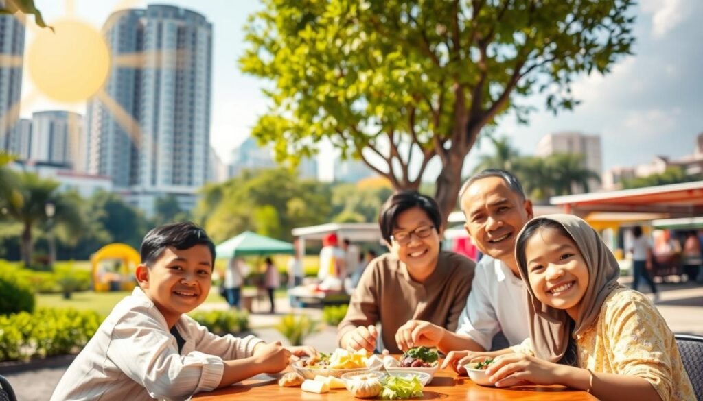 A warm, sun-drenched scene showcasing the PKH (Program Keluarga Harapan) and BPNT (Bantuan Pangan Non Tunai) social assistance programs. In the foreground, a family gathers around a table, enjoying a nourishing meal together. Their expressions are joyful, conveying a sense of security and well-being. In the middle ground, a bustling community market is depicted, with vendors offering a variety of fresh produce and essential goods. The background features a vibrant, urban landscape, with modern high-rise buildings and a lush, verdant park. The overall mood is one of optimism, community, and the government's commitment to supporting the wellbeing of its citizens.