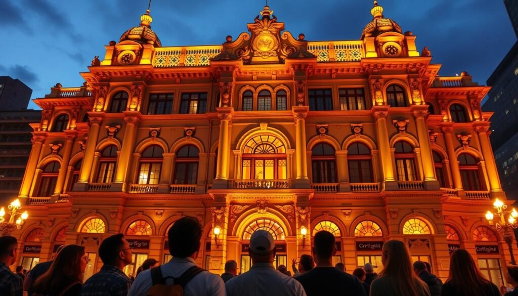 An iconic city building inviting citizens to a captivating virtual tour, a grand and majestic structure standing tall against a vibrant cityscape. Intricate architectural details and sweeping vistas, illuminated by warm, golden lighting that casts a inviting glow. The building's façade is adorned with elegant columns, arched windows, and ornate decorative elements, capturing the essence of the city's rich heritage. In the foreground, a group of people marveling at the building's grandeur, their expressions one of wonder and excitement as they prepare to embark on a immersive virtual journey through its halls.