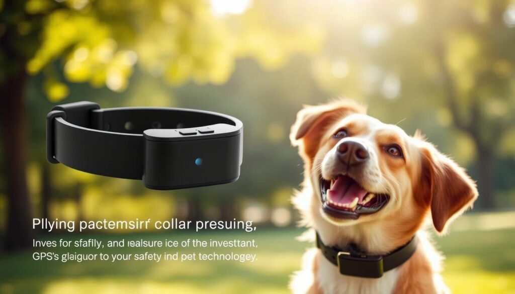 A close-up view of a sleek smart collar GPS designed for dogs, featuring a modern, minimalist design. The collar is displayed against a bright, natural outdoor setting, emphasizing its robust build and high-tech features, such as a glowing GPS signal light. In the foreground, a happy, energetic dog looks curiously at the camera, showcasing the collar prominently around its neck. In the middle ground, a subtle hint of greenery suggests a park environment, with soft, diffused sunlight filtering through the leaves, creating a warm and inviting atmosphere. The background features a blurred image of a tree line to keep the focus on the collar and the dog. Aim for a friendly and reassuring mood, highlighting the importance of safety and investment in pet technology.