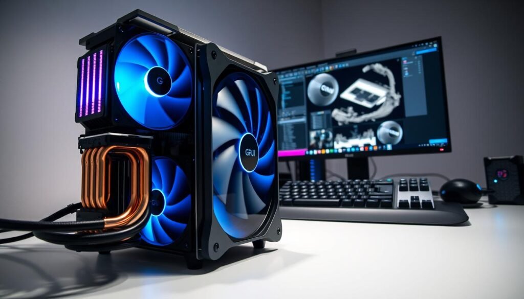A modern workstation setup showcasing an advanced cooling system, featuring a sleek, black and silver tower PC with large cooling fans illuminated in blue LEDs. The foreground includes a close-up of the CPU cooler with copper heat pipes and a shimmering RGB processor cooler, emphasizing the importance of thermal management. In the middle ground, a professional monitor displays a 3D rendering application, with detailed graphics visible, while a mechanical keyboard adds a tech-savvy vibe. The background features a clean, minimalist desk with subtle ambient lighting casting soft shadows. The overall atmosphere is cool and efficient, reflecting a high-tech workspace designed for stability during intense rendering tasks, photographed from a slightly elevated angle to capture depth and detail.
