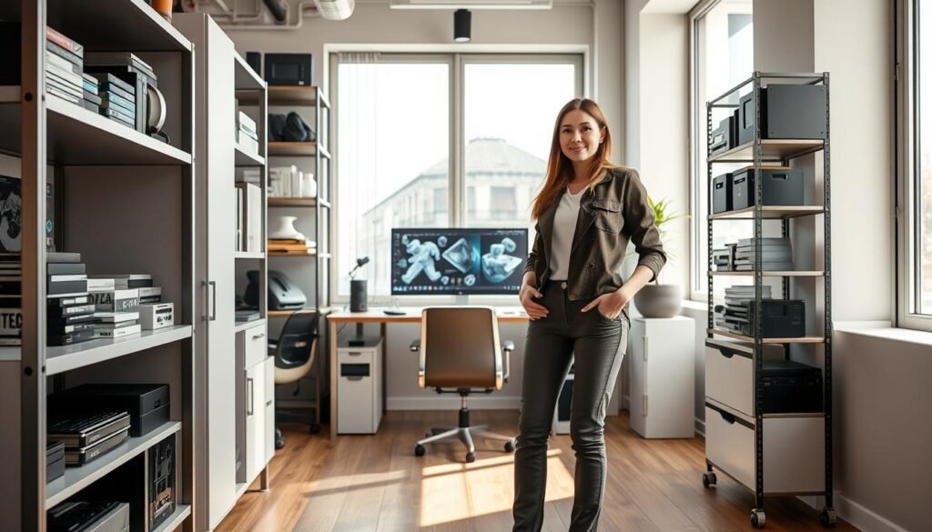 A professional female 3D designer stands in a modern office space, surrounded by a variety of innovative storage solutions tailored for limited budgets. In the foreground, sleek shelving units hold neatly organized 3D modeling software and hardware, providing a sense of efficiency. The middle background features a stylish desk with a high-end computer setup displaying intricate 3D renderings, emphasizing the designer's workflow. Soft, natural lighting pours in through large windows, casting gentle shadows and creating a warm atmosphere. The entire scene is shot from a slightly elevated angle to capture both the designer and the functional storage units, reflecting a blend of creativity and practicality in a compact workspace.